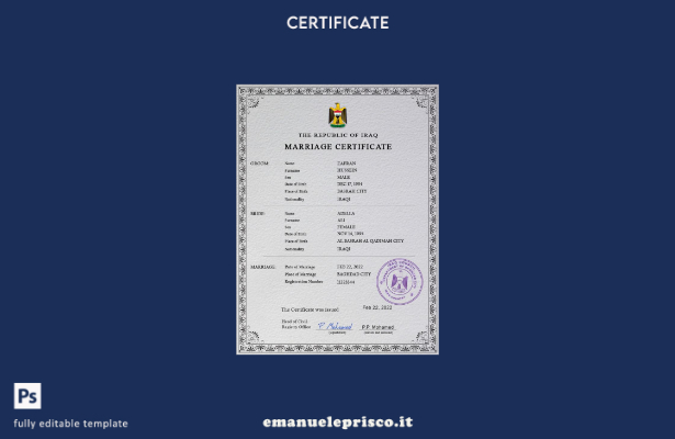 modello PSD di certificato di matrimonio iracheno in stile verificato